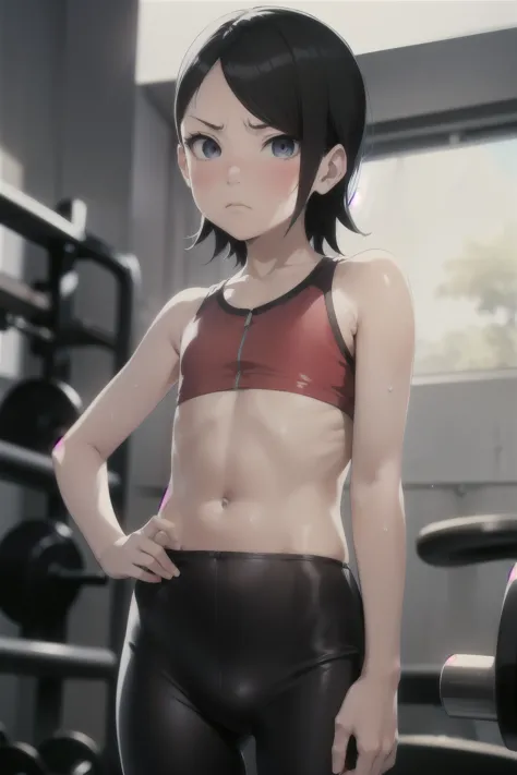 Anime style, 1 girl  , young girl , childshi  body ,solo , short black hair ,angry  face , sharingan eyes  ,blush  , sweat , flat chest , red tube top , black leggings tight,  gym , sexy . Bumbum inpinado,  back 