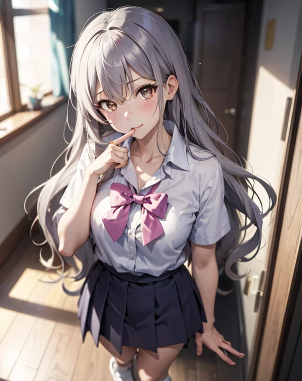 score_9, score_8_up, score_7_up, source_anime, BREAK 1girl, solo, looking at viewer, indoors, blurry background, from above, head tilt, expressionless, standing, full body, finger to mouth, yumeko shikiya, long hair, grey hair, ahoge, wavy hair, hair between eyes, brown eyes, school uniform, white shirt, collared shirt, short sleeves, collarbone, cleavage, pink bowtie, purple bowtie, loose bowtie, (wrist scrunchie:0.8), sweater around waist, grey pleated skirt, blue kneehighs, white footwear
