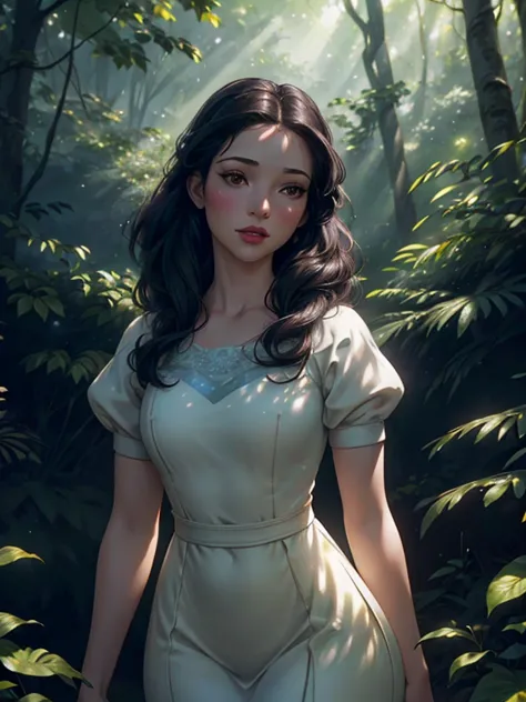 snow white, a beautiful girl with pale skin, rosy cheeks, and long black hair, wearing a blue and white dress, standing in a lus...