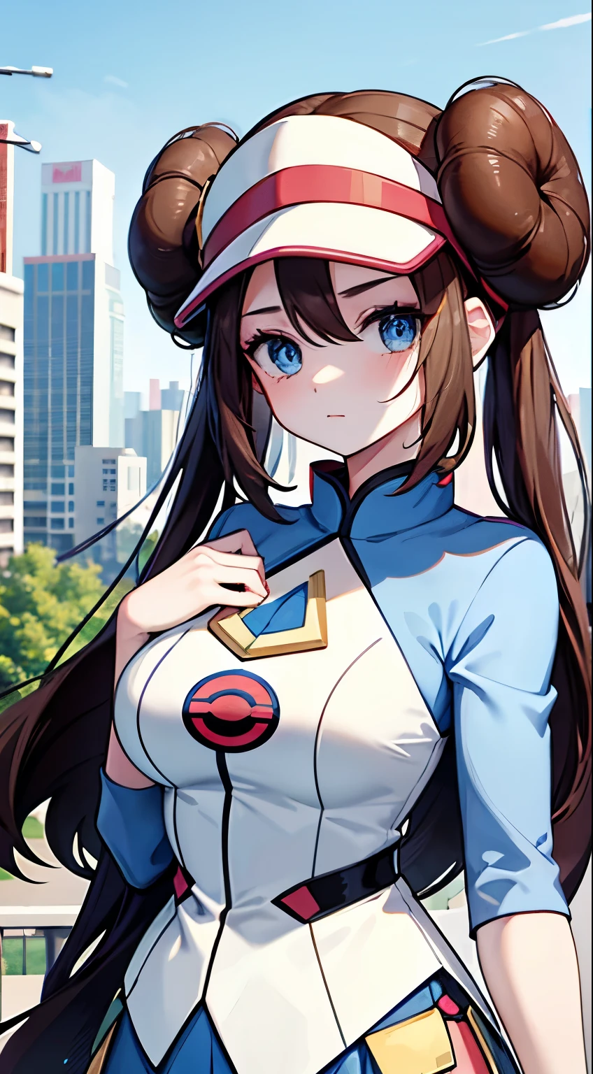 Brunette，blue eyes，Long hair，hat，Bun head，Beauty，Mingyi【Pokémon】，White suit，China's overbearing president，For urban background，Large Breasts，Beauty