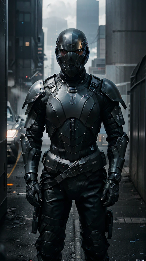 potrait of a man dressed with a sci fi plated  armor over black streetwear style clothes, Lab security guard,armored techwear elmet,sci fi SWAT tattical teams,,anti-riot gears,wilding an eletrical beaton
, [elmet::],[armor:: ((sci-fi, cyberpunk,military,black,cold azure,light grey metallic)),light plated,((plastic ceramic and metal plates,],[clothes::black black streetwear style,  grey and black, made of reinforced leather and heavy tissue],[beaton::Eletrified, spaks from It, black and azure colors],intimadating look,photographic style, 4k,realistic, hyperdetailed, photo, professional photo,Armored, private security 