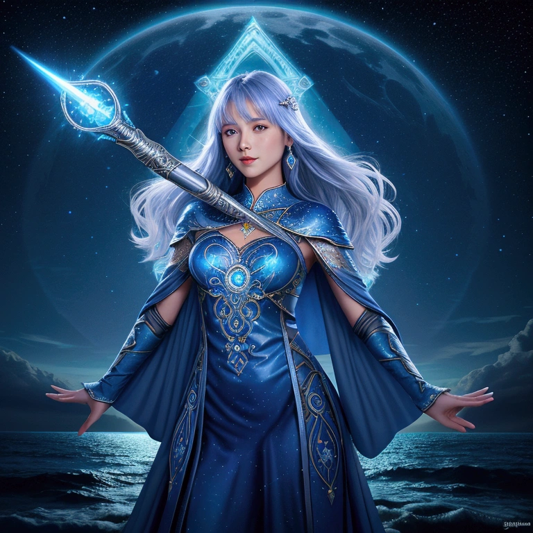 Illustration in fantasy style of a charming and graceful women with  a silver moon scepter, wearing a midnight blue tunic with shining luminous constellation patterns, ocean and starry night, epic luminous scene, dynamic posture, bright colors, hd