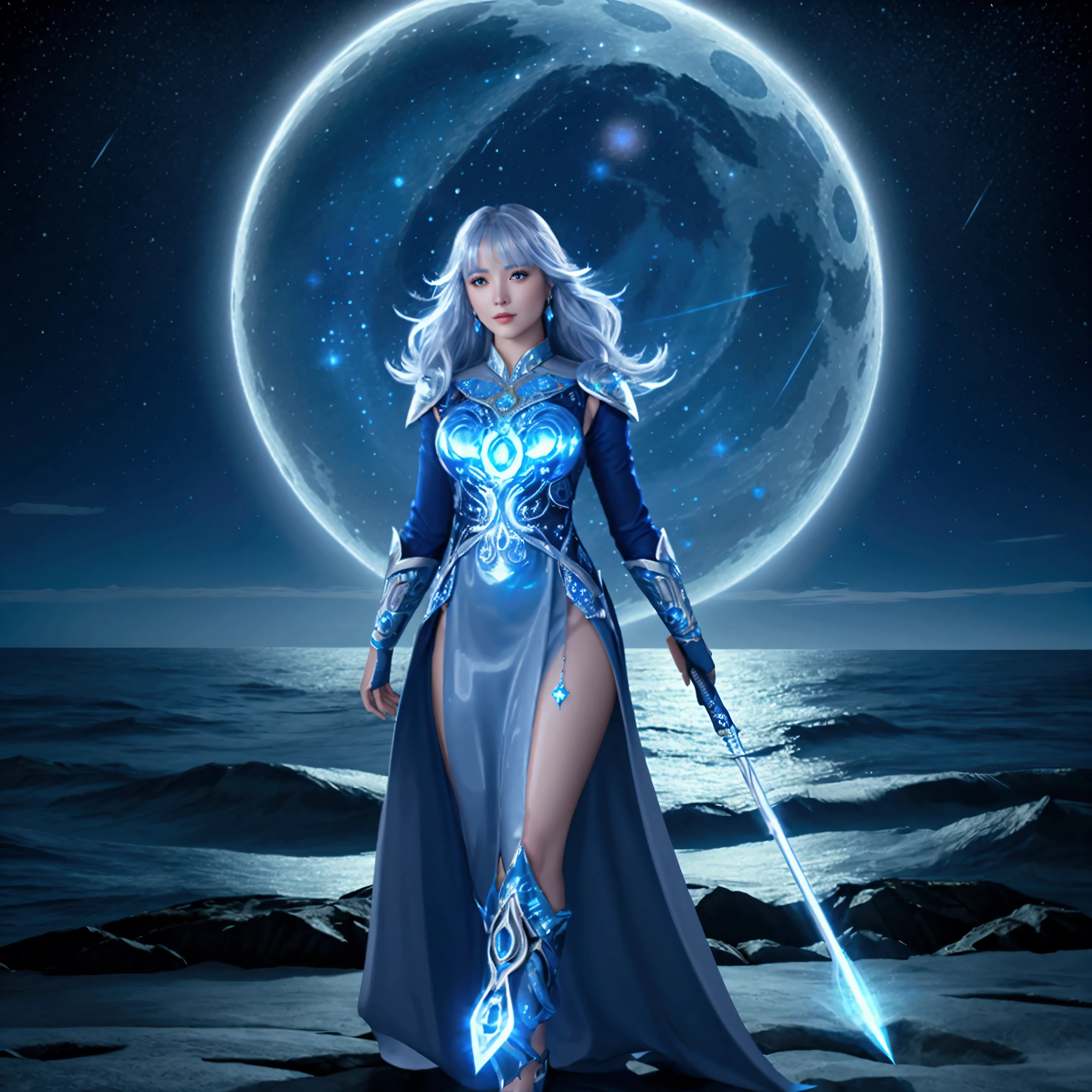 Illustration in fantasy style of a charming and graceful women with  a silver moon scepter, wearing a midnight blue tunic with shining luminous constellation patterns, ocean and starry night, epic luminous scene, dynamic posture, bright colors, hd