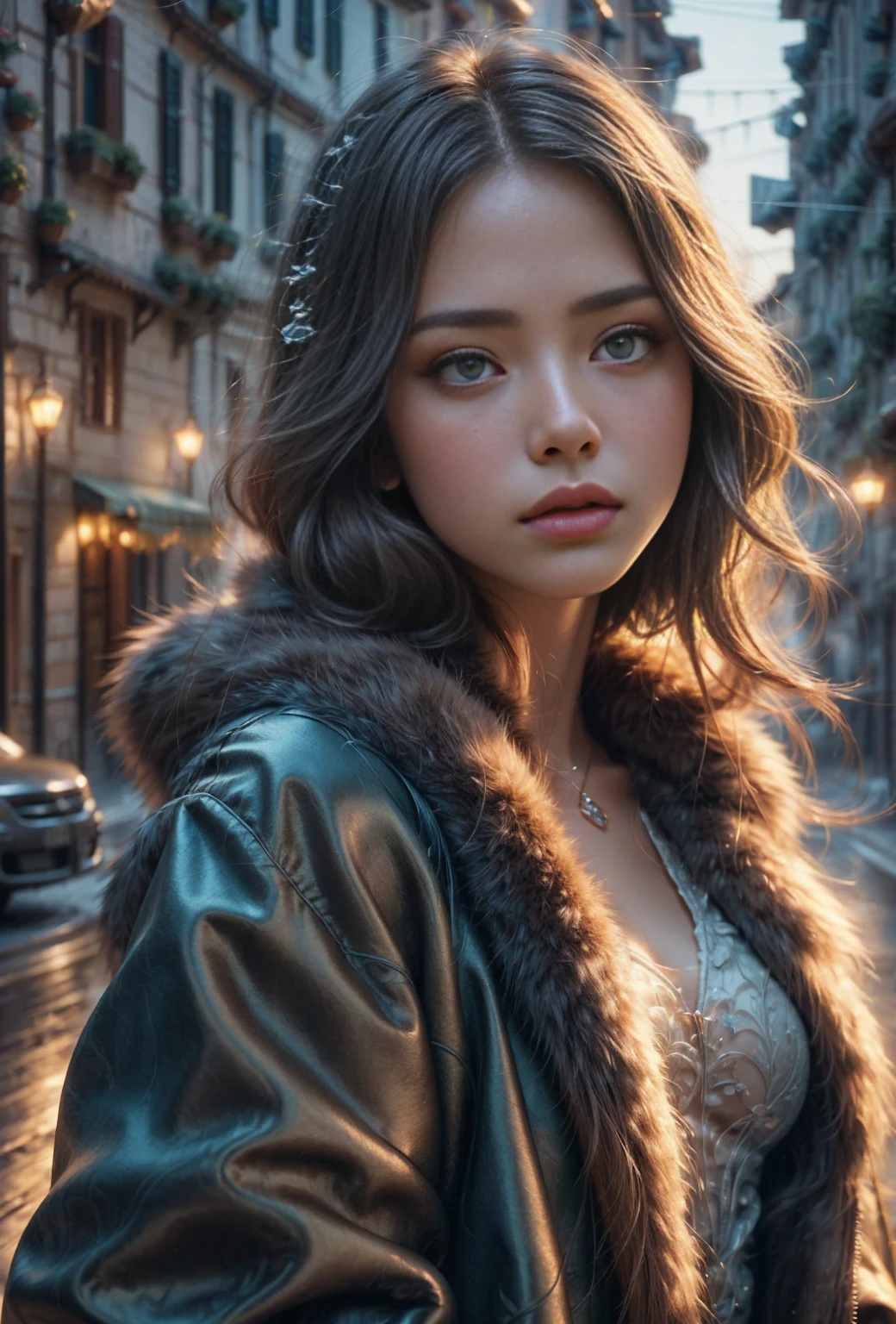 chrrblssm (sharp focus:1.2), picture, Attractive young woman, (beautiful face:1.1), with detailed eyes, Full lips, (Smokey eye makeup:0.85), Wearing (fur coat:1.2) to (Cliff:1.2). (melancholy lighting:1.2), depth of field, bokeh, 4K, HDR. ~to 의해 (James C. Christensen:1.2|Jeremy Ripping:1.1).