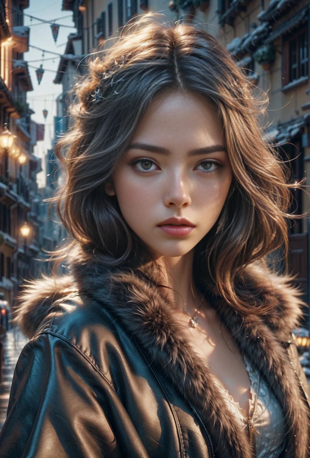 chrrblssm (sharp focus:1.2), picture, Attractive young woman, (beautiful face:1.1), with detailed eyes, Full lips, (Smokey eye makeup:0.85), Wearing (fur coat:1.2) to (Cliff:1.2). (melancholy lighting:1.2), depth of field, bokeh, 4K, HDR. ~to 의해 (James C. Christensen:1.2|Jeremy Ripping:1.1), Falling sleet,