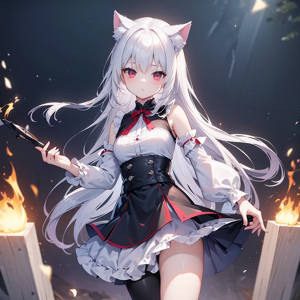 ((masterpiece, Highest quality, Highly detailed CG, unity 8k wallpaper,)), One woman, darkness、 Maid clothes with short skirts、I can barely see your face、Red eyes、assassin、Eyes that shine mysteriously、White Hair、Wolf Cut、I can see your thighs、I can see your pants、Cat ears、Pants-like skirt、Shoulders stick out、Holding a book under his arm