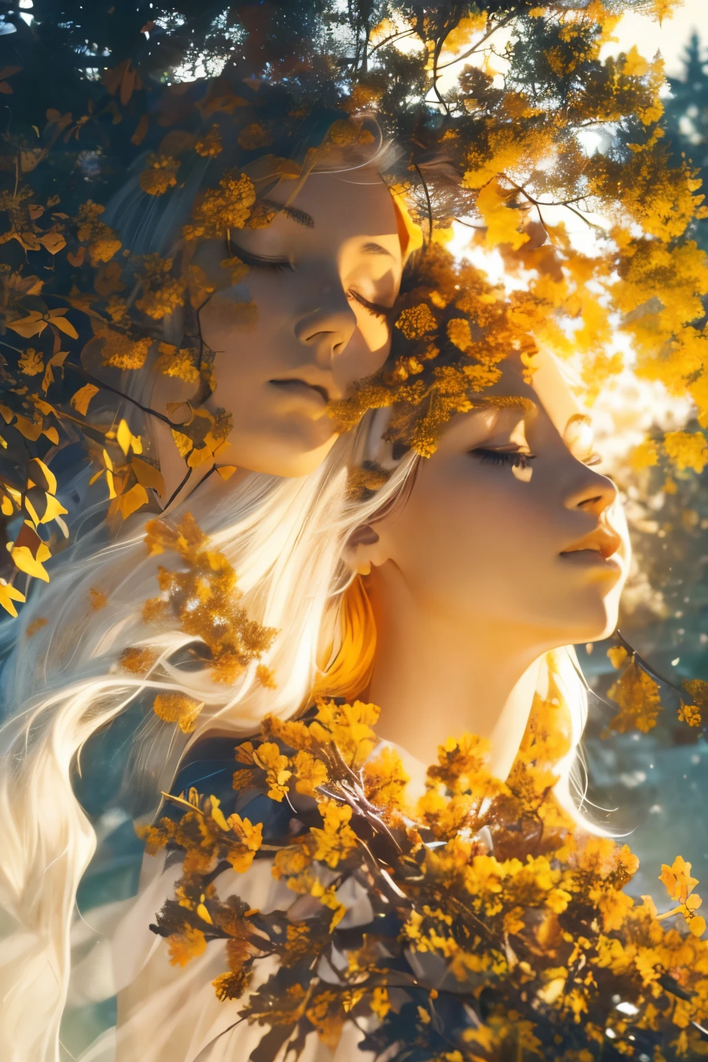 In the dark and neutral background, a human head is highlighted, showcasing serene and peaceful features. The eyes are closed in a state of deep meditation, and soft light emanates from within, illuminating the brain which is shaped like a tree. The tones of amber, orange, and gold permeate the image, enhancing the luminosity. Realistic textures for the skin, hair, and tree adds a touch of authenticity. Precise lighting and shading provide depth to the image, while vibrant and contrasting colors intensify the visual effect. Brush strokes and digital textures add an artistic touch to the serene scene. The overall composition conveys a sense of calm and tr