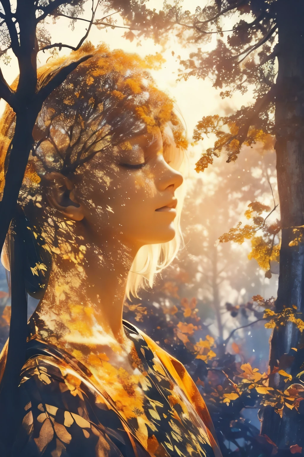 In the dark and neutral background, a human head is highlighted, showcasing serene and peaceful features. The eyes are closed in a state of deep meditation, and soft light emanates from within, illuminating the brain which is shaped like a tree. The tones of amber, orange, and gold permeate the image, enhancing the luminosity. Realistic textures for the skin, hair, and tree adds a touch of authenticity. Precise lighting and shading provide depth to the image, while vibrant and contrasting colors intensify the visual effect. Brush strokes and digital textures add an artistic touch to the serene scene. The overall composition conveys a sense of calm and tr