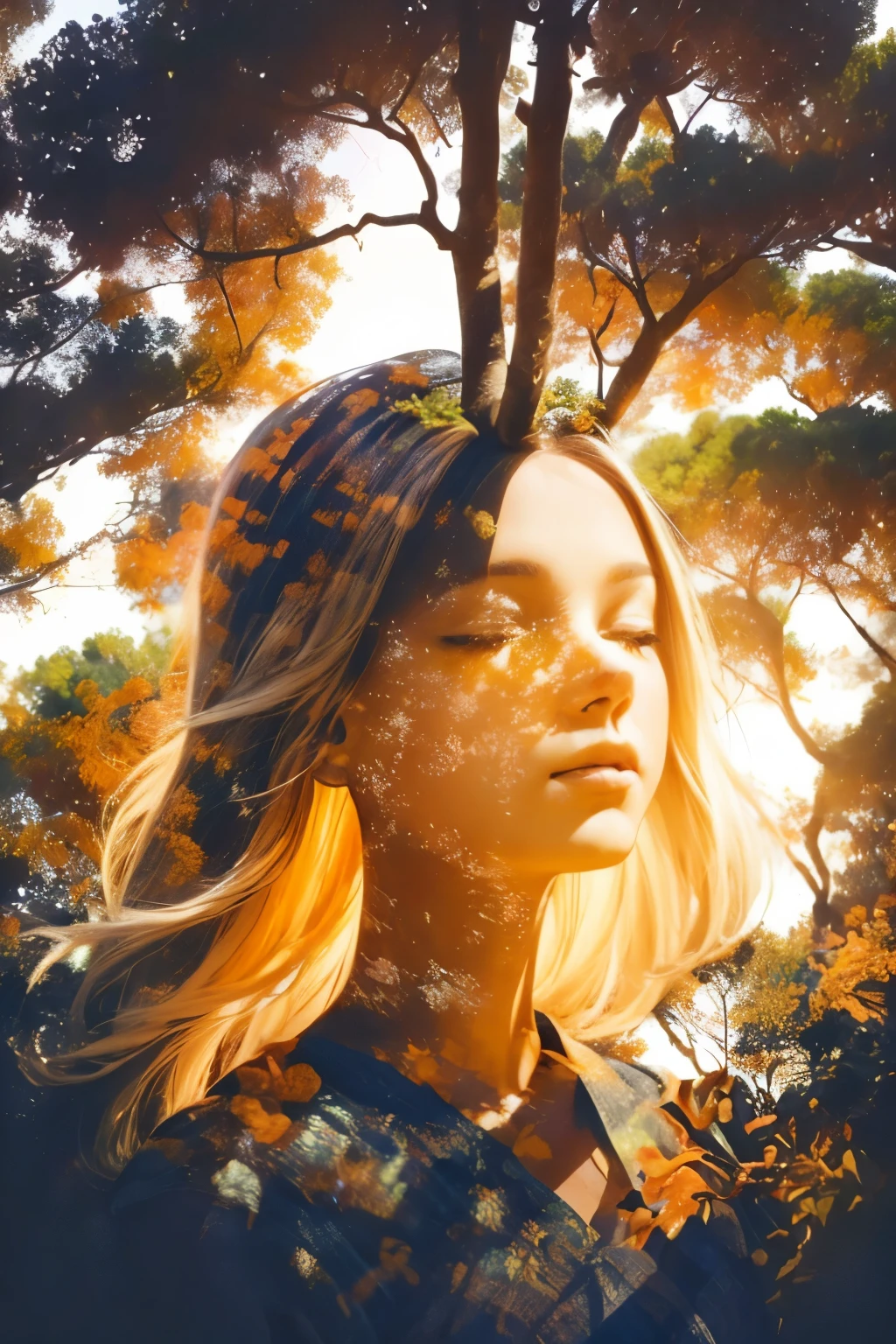 In the dark and neutral background, a human head is highlighted, showcasing serene and peaceful features. The eyes are closed in a state of deep meditation, and soft light emanates from within, illuminating the brain which is shaped like a tree. The tones of amber, orange, and gold permeate the image, enhancing the luminosity. Realistic textures for the skin, hair, and tree adds a touch of authenticity. Precise lighting and shading provide depth to the image, while vibrant and contrasting colors intensify the visual effect. Brush strokes and digital textures add an artistic touch to the serene scene. The overall composition conveys a sense of calm and tr