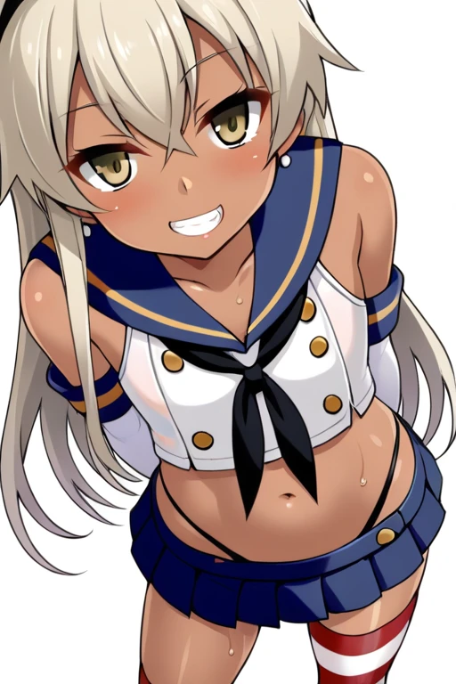 Please rinse your rinsing gel, shimakaze (Kantai Collection), Very young ，Little，alone, Long Hair, View your viewers, blush, smile, Simple Background, shirt, Flat Chest，Very short stature，Thin thighs，blonde, White background, belly button, Hair between the eyes, Mouth closed, Expose your shoulders, underwear, school uniform, clavicle, whole body, Yellow Eyes, Pleated skirt, Hairbands, Sleeveless, Seraphim, - Elbow hand pockets, abdomen, White gloves, mini skirt, Striped clothes, Crop top, Blue Skirt, Wet, Teeth stains, High Leg, From above, Striped knee socks, Blue sailor collar, Alternative Breast Size, Black neckerchief，ganguro, Dark Skin, Dark skinned women, White makeup, eye shadow, Earrings，