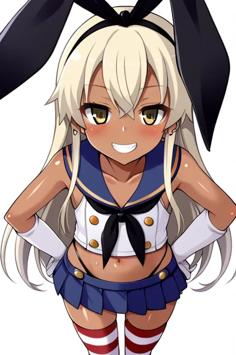 Please rinse your rinsing gel, shimakaze (Kantai Collection), Very young ，Little，alone, Long Hair, View your viewers, blush, smile, Simple Background, shirt, Flat Chest，Very short stature，Thin thighs，blonde, White background, belly button, Hair between the eyes, Mouth closed, Expose your shoulders, underwear, school uniform, clavicle, whole body, Yellow Eyes, Pleated skirt, Hairbands, Sleeveless, Seraphim, - Elbow hand pockets, abdomen, White gloves, mini skirt, Striped clothes, Crop top, Blue Skirt, Wet, Teeth stains, High Leg, From above, Striped knee socks, Blue sailor collar, Alternative Breast Size, Black neckerchief，ganguro, Dark Skin, Dark skinned women, White makeup, eye shadow, Earrings，From below，