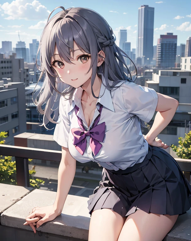 score_9, score_8_up, score_7_up, source_anime, BREAK 1girl, solo, looking at viewer, outdoors, school, rooftop, blue sky, cloud, sitting, leaning forward, cityscape, japan, yumeko shikiya, long hair, grey hair, ahoge, wavy hair, hair between eyes, brown eyes, school uniform, white shirt, collared shirt, short sleeves, collarbone, cleavage, pink bowtie, purple bowtie, loose bowtie, (wrist scrunchie:0.8), sweater around waist, grey pleated skirt,
