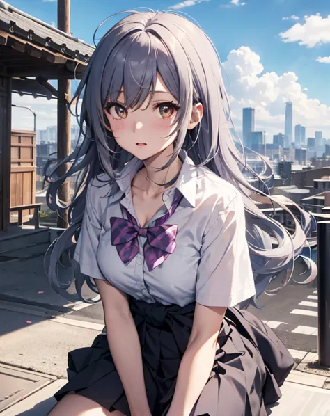 score_9, score_8_up, score_7_up, source_anime, break 1girl, solo, looking at viewer, outdoors, school, rooftop, blue sky, cloud,...