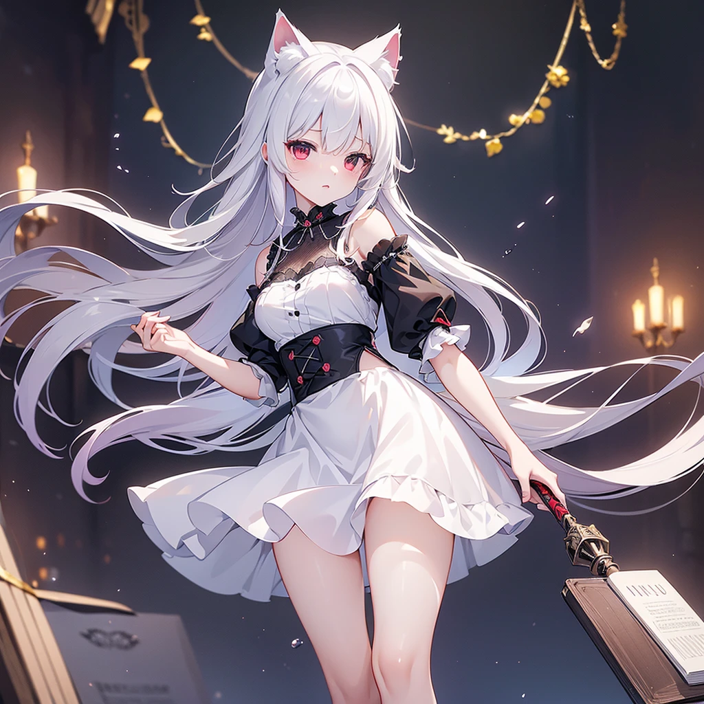 ((masterpiece, Highest quality, Highly detailed CG, unity 8k wallpaper,)), One woman, darkness、 Maid clothes with short skirts、I can barely see your face、Red eyes、assassin、Eyes that shine mysteriously、White Hair、Wolf Cut、I can see your thighs、I can see your underwear、Cat ears、Pants-like skirt、Shoulders stick out、Holding a book under his arm、Lace underwear