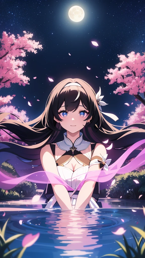 (high-quality, breathtaking),(expressive eyes, perfect face) portrait, 1girl, Symmetrical Eye, female, solo, young teen, black hair, pink eye color, long hair length, soft wavy hair, gentle smile, loose hair, side bangs, looking at viewer, portrait, upper body, happy expression, ribbon in hair, flower in hair, fantasy clothing, elegant, mature, height 4"3, black shawl, white dress, ribbon sash tied around waist, Firefly Honkai Star Rail Character, pink flower petals, Firefly, cute outfit, outfit for a date, starry sky, beautiful moon, small glowing lights flying around, standing near a pond of water, grass, fullbody shot, scenery, moonlit forest, enchanted forest