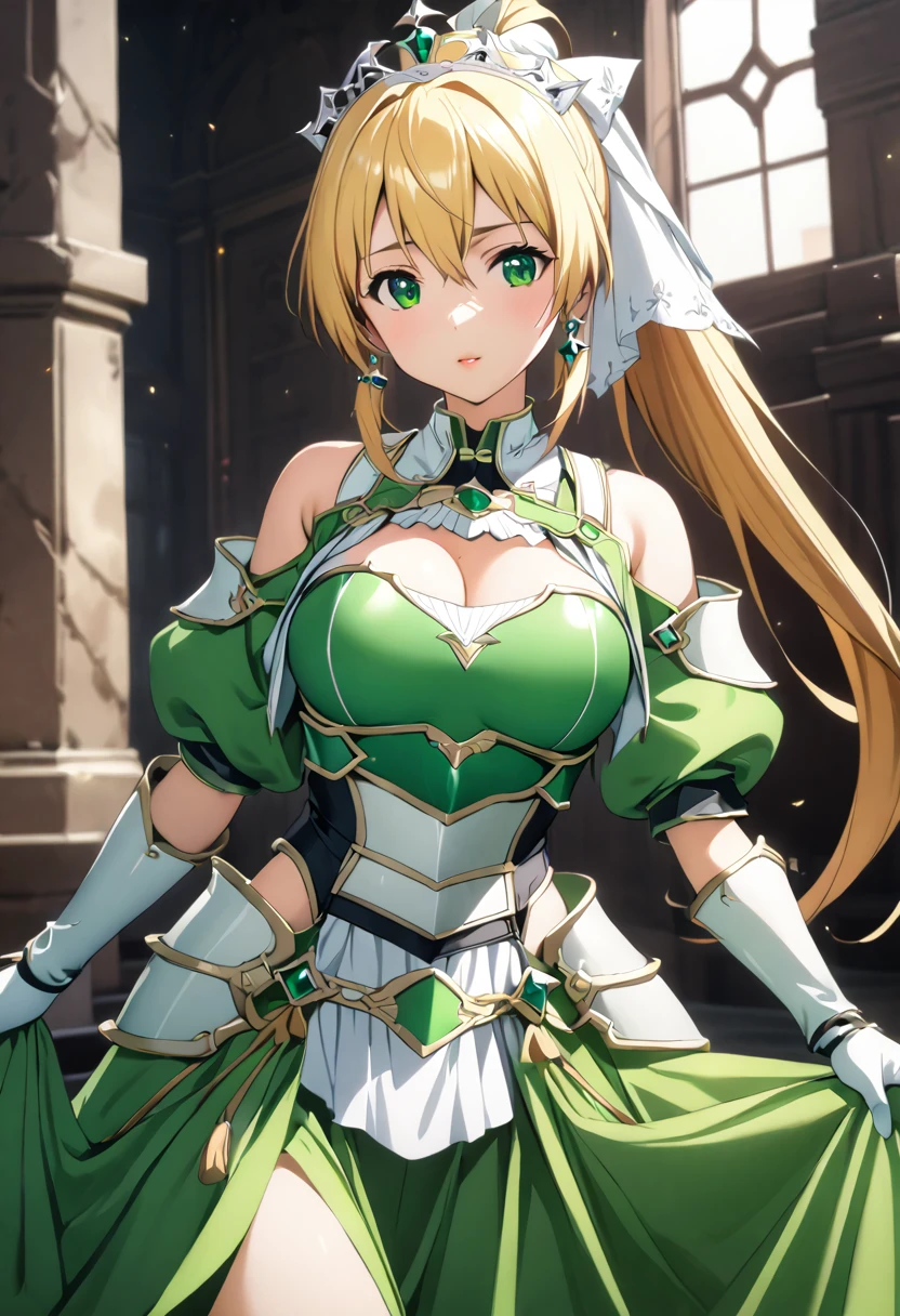 ((masterpiece)), Highest quality, Very detailed,(One Girl),Kirigaya Naoha, Long Hair, Blonde, Hair accessories, Green Eyes, ponytail, Hair Tube, dress, green dress, gloves, [Bare shoulders, jewelry, Cleavage, Princess, elbow gloves,Tiara,brooch,white gloves、Adult female、thin、Very beautiful、Beautiful Face、(((Green and white armor、breastplate、Shiny Armor:1.2)))、Gold earrings、Blonde, Green Eyes, Pink Lips, Cowboy Shot