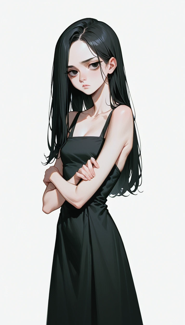 masterpiece, Highest quality, One woman, Indifference, Looks sleepy, Standing, Looking this way, Long Hair, Black Hair, black eye, Fair skin, skinny, fashion, Black dress, Arms crossed, White background, Flat Color, 