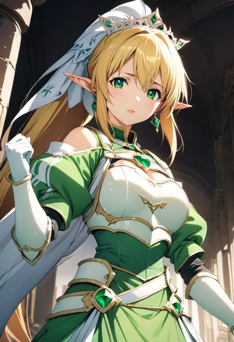 ((masterpiece)), highest quality, very detailed,(one girl),kirigaya naoha, long hair, elf ears, blonde, hair accessories, green ...