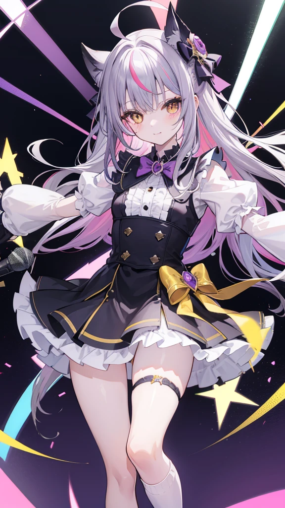 32K, One girl, alone, Long Hair, Make eye contact, blush, smile, 【Open your mouth, bangs, Knee-high socks, gloves, dress, Have, Standing, Yellow Eyes, Purple Hair, Ahoge, Grey Hair, Multicolored Hair, Alternative costume, white gloves, Underarm, Raise your arms, official Alternative costume, Streaky Hair, Standing on one leg, Witch Girl, Shorts, Single knee socks, microphone, skin 牙, Idol, Idol clothes, hololive Idol uniform,