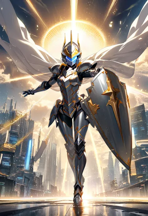 1girl, full-body silver armor, golden accents, long flowing cape, large sword, heavy shield, helmet with visor, futuristic knigh...