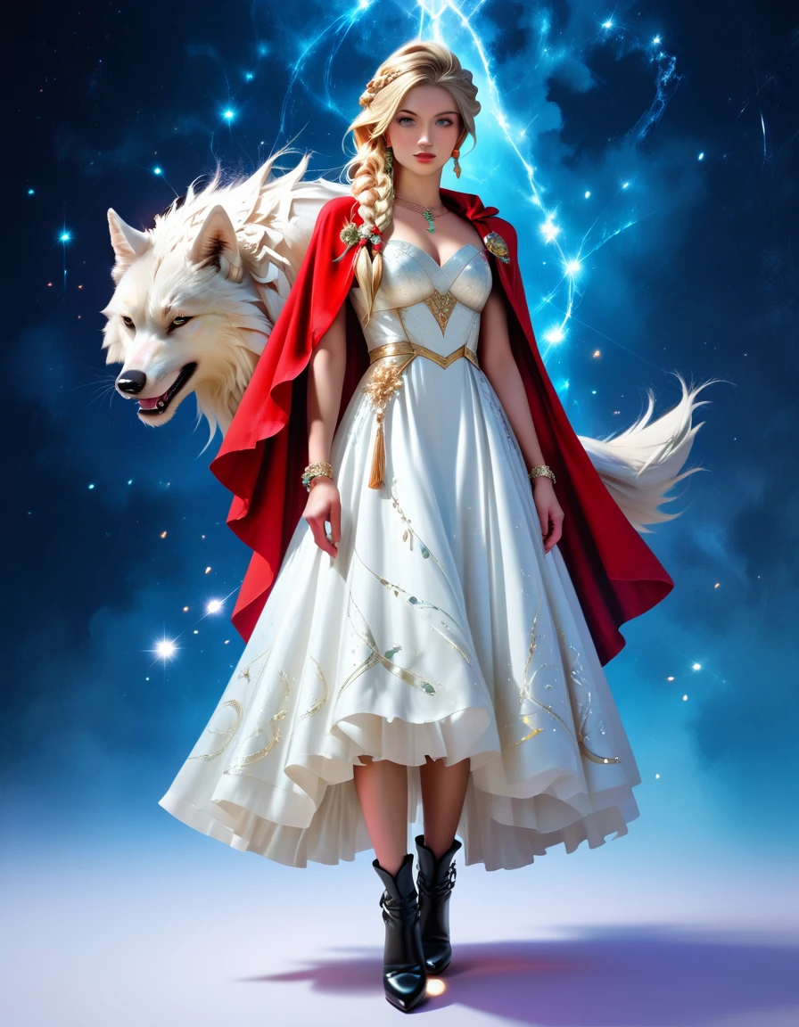 Fantasy art, RPG Art, Ultra Wide Shot, born, Realistic, Woman and her photo (white: 1.4) Wolf Pets, The Woman,  Very beautiful human woman, Long blonde hair, Braided Hair, Green Eyes, wear elegant silk dress, Complicated Dress,  wear (Red Cape: 1.1), wear high heeled boots, Standing at a fantastic ball, narrative poem ((white)) The wolf is standing near her, Sparkling blue eyes, Protect Her, Fantasy ballroom background at night, Highest quality, 16K, [Super detailed], masterpiece, Highest quality, (Super detailed), whole body, Ultra Wide Shot, Photorealism