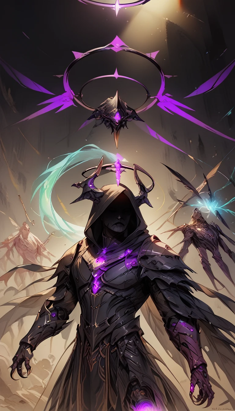 (Fantasy),,1 male,thingrim reaper,black clothes,hood,shadow over face,no face,faceless,floating,dark magic,armor,full armor,headgear,halo,mechanical,black halo,claw,lighting,purple magic glow,energy veins,soul effect,machina,realistic,masterpiece,best quality,horns,