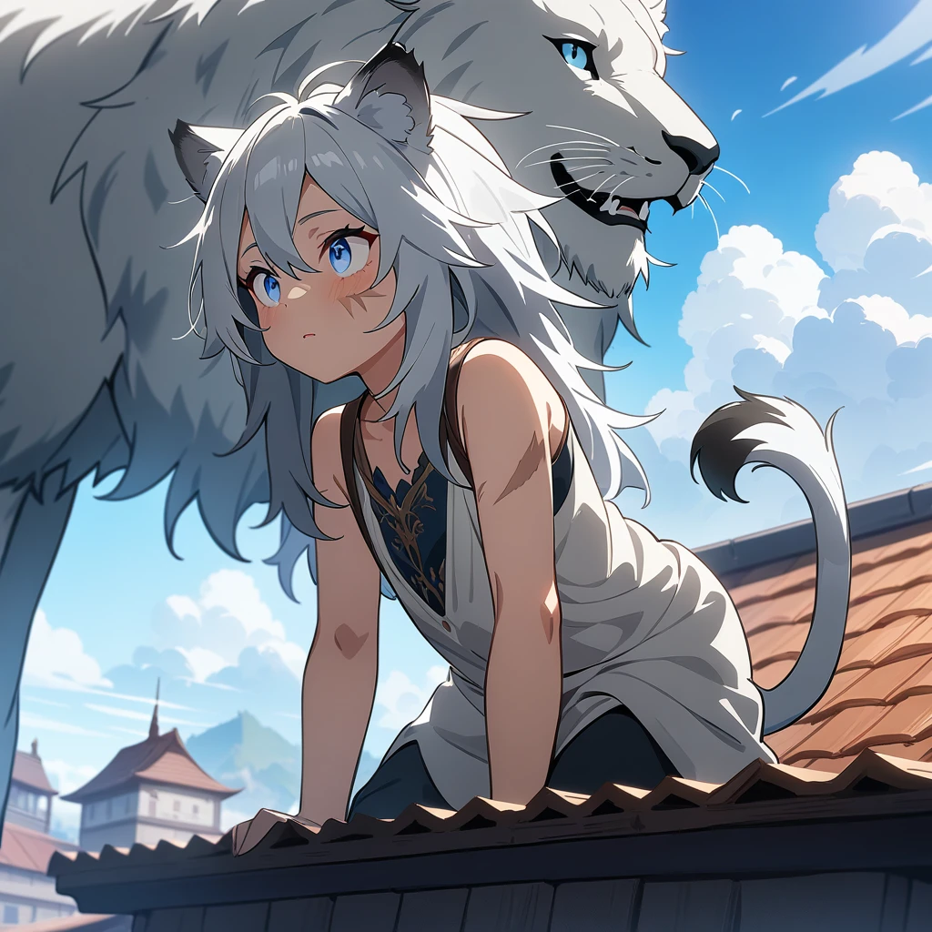 ((masterpiece)), ((extremely delicated and beautiful)), ((best quality)), ((anime style)), 1boy, cute, very young, rags, long fingernails, Feral, on all fours, curious look, close mouth, tilted head, messy hair, demi-human, grey hair, long hair, grey lion ears, grey lion tail, small scars on face, trying to look scary, Fantasy, isekai world, roof scenery, blue sky, clouds, sitting on roof. 