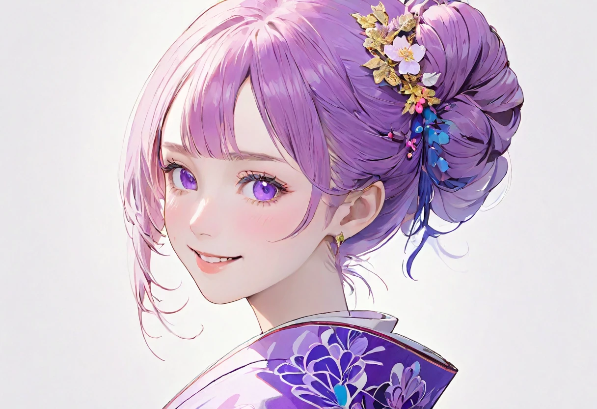 (((White background)))、2、Unity 8k wallpaper、Super detailed、Beautiful and aesthetic、masterpiece、Highest quality、(Fractal Art:1.3)、One Woman、, violet eyes, Beautiful violet  hair、Japanese、Big pink、Violet kimono、Japanese..., violet hair, violet eyes, hair bun, smile