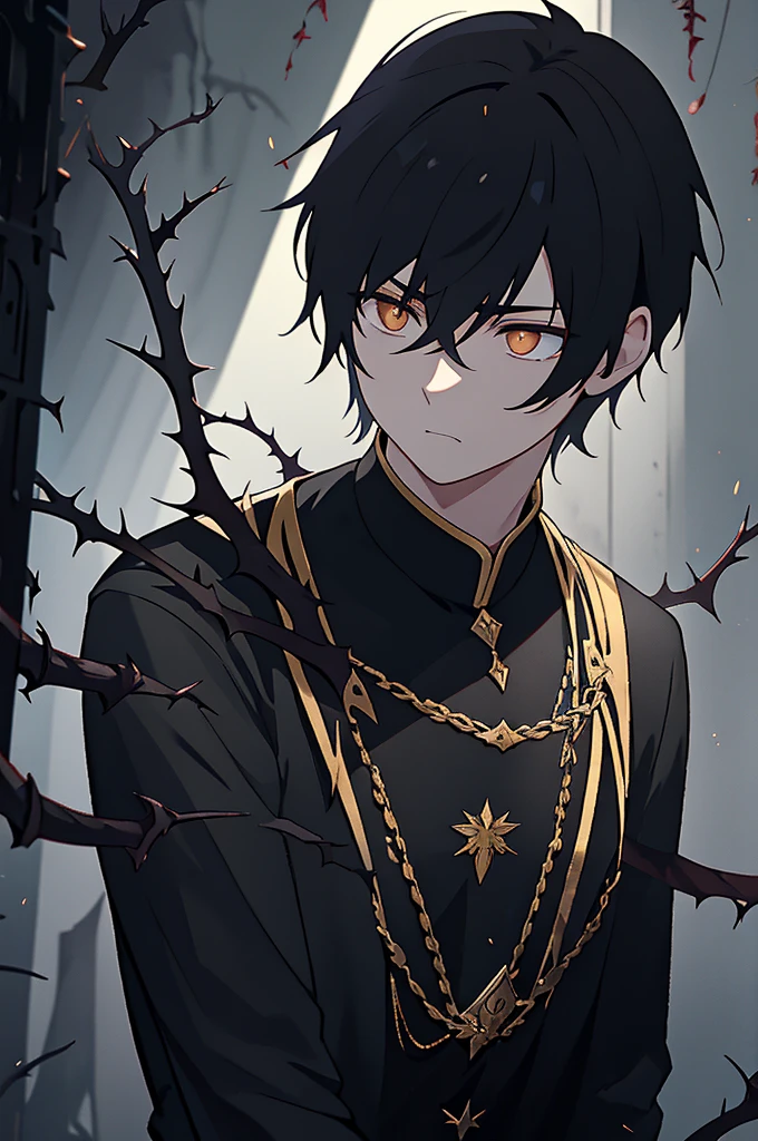 a young boy shrouded in thorns, with a desperate expression, black hair, golden eyes, cat ears, pleading for help, highly detailed, cinematic lighting, dramatic, dark fantasy, moody, atmospheric, chiaroscuro, dramatic shadows, 8K, masterpiece