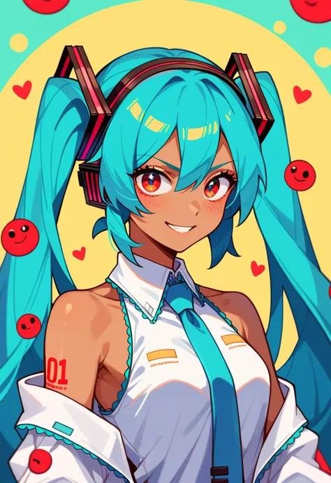 masterpiece, hatsune miku, white shirt, blue tie, [bare shoulders, the sleeves are separated, evil smiley face, dark skin, red e...