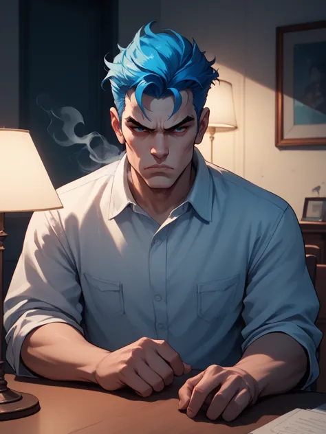 the steam guy sits at the table. looks at the table lamp. serious brutal guy. the eyes glow with a blue tint