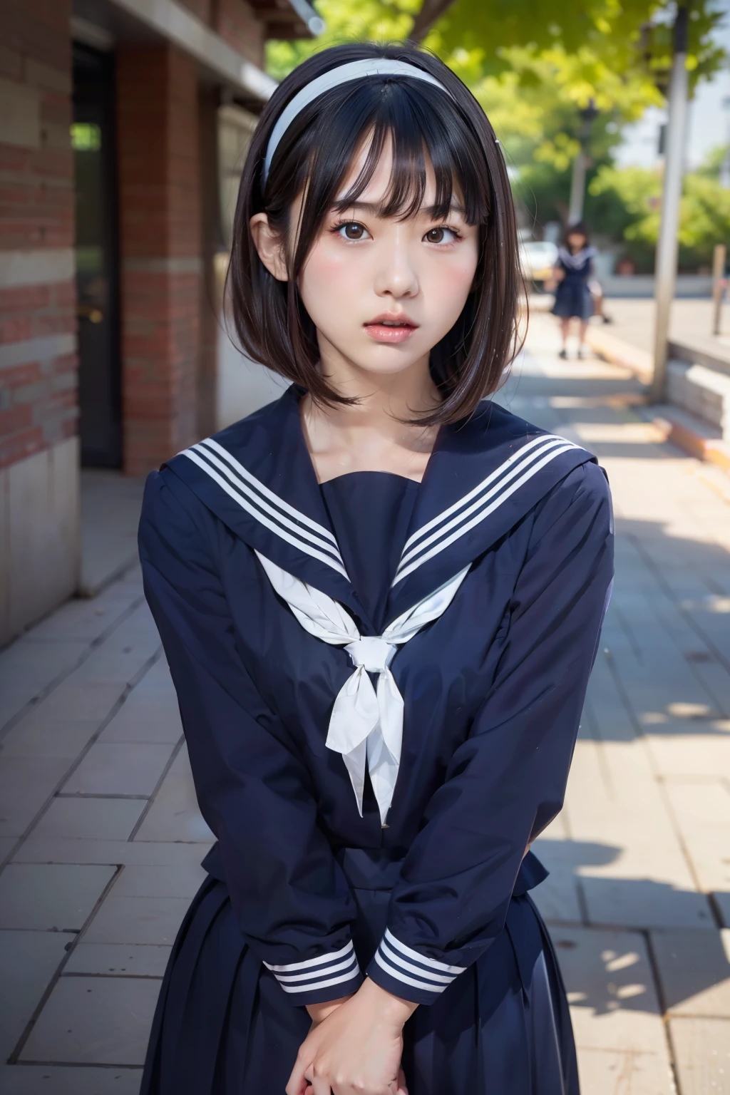 sailor suit, 8k, highest quality, masterpiece, Super detailed, ultra high resolution, realistic, RAW photo, absolute resolution, face is small compared to body, very small face, black hair,  navy blue sailor uniform, Dark blue skirt, 3D rendering, realistic young school girl, (white headband:1.4), small breasts, expensive, slanted eyes, (school scenery), open your mouth, bob cut, Long Skirt, looking at the camera, (blurry background:1.4), 