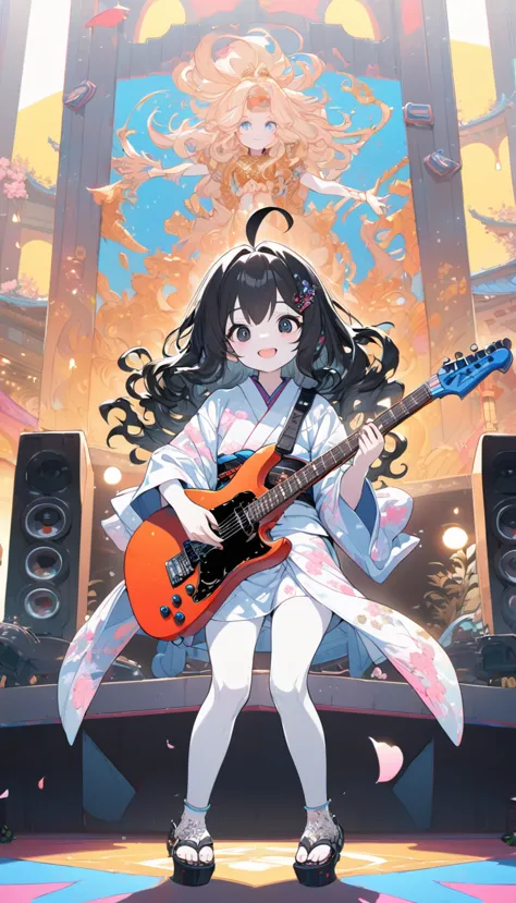 women and children,, solo vocalist jumps, electric guitar, happy, smile, make eye contact, hime cut, ahoge, wavy hair, black hai...