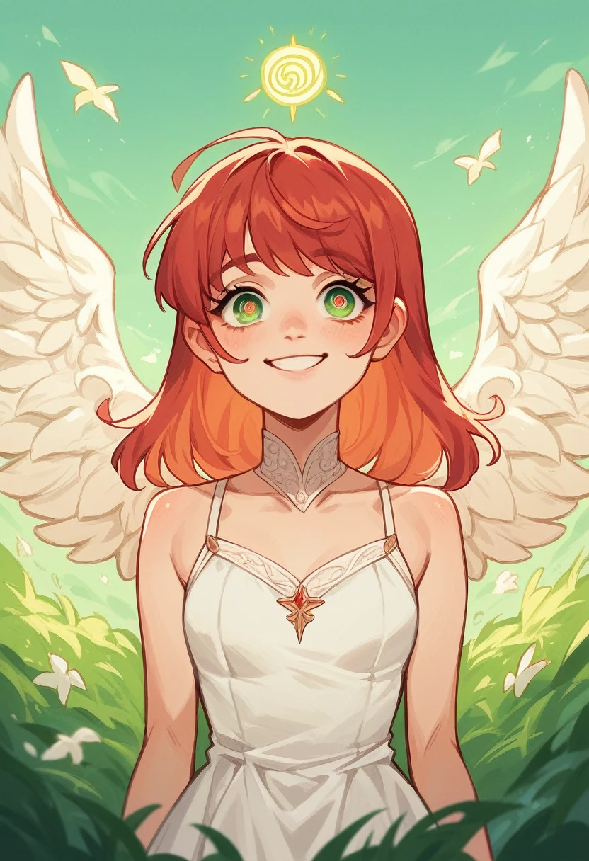 165cm, red hair, white dress, Standin in a green field , sunny day, Charmin smile, angelic eyes
