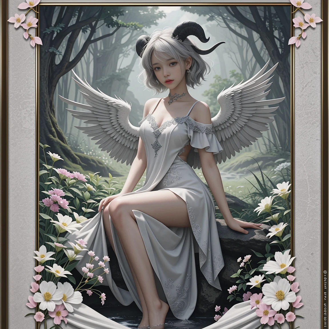 Full body view of the vista，Fantasy creature anime characters，Watercolor illustration，Colorful，Render without edges，Japanese art，Beautiful, sacred creatures of legend，Its wings were closed on its back，Pure white short hair，It has curved goat horns on its head，The background is framed in Le Style Mucha style，Colorful fairyland，Delicate gold trim border，Mountain stream，The white fog is ethereal，Darkest shimmer，Swirling petals，Mystery，Aesthetics， poignancy， Add a little oil painting，kinetic art