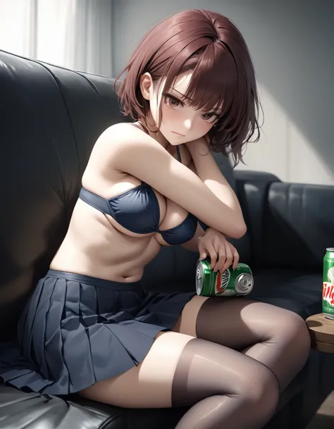 1girl, career woman in her 30s, short permed hair, navy skirt, tired expression, taking a canned beer from fridge, holding beer ...