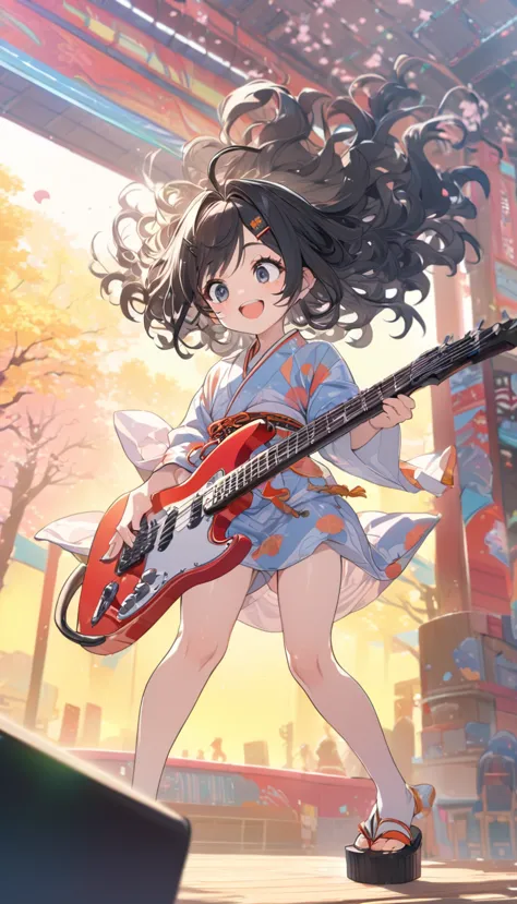 women and children,, solo vocalist jumps, electric guitar, happy, smile, make eye contact, hime cut, ahoge, wavy hair, black hai...