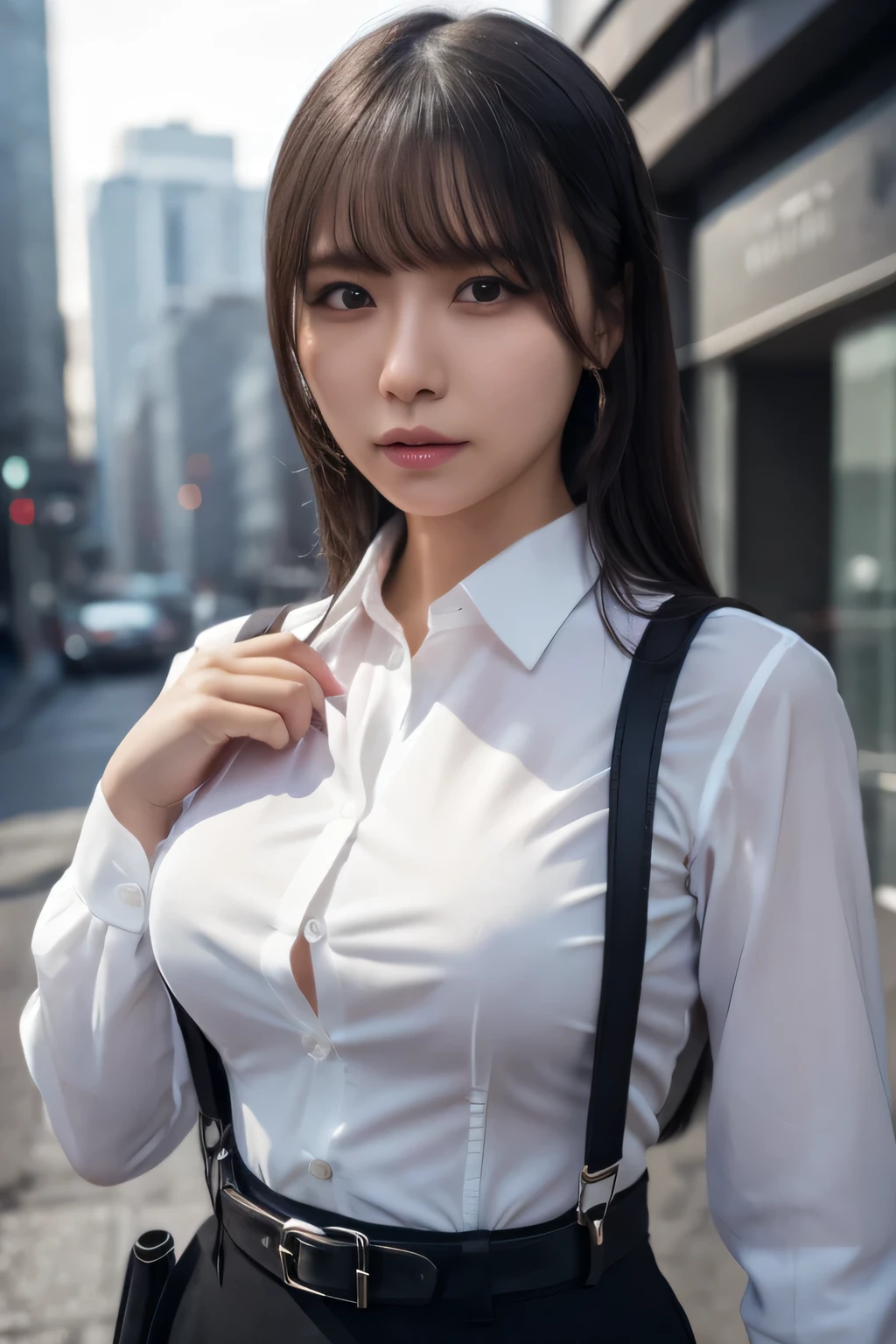 a woman in a suit, belt, hands behind back, sweating, suspenders, black pants, large breasts, see-through clothing, rain, detective, office worker, white button-up shirt, (best quality,4K,8k,highres,masterpiece:1.2),ultra-detailed,(realistic,photorealistic,photo-realistic:1.37),hyper-detailed,highly detailed face and body, Slender　thin　suspenders　Moderate breasts　See-through shirt　Nipples　holster　chain　Pistol　Armament　criminal　Female criminal　knife 　 Hands Behind Back　Constraints 程よい胸 黒いマスク
