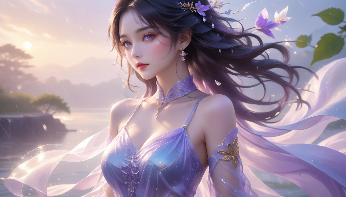 A Masterpiece In 32K Resolution, Supreme Quality, Super Detail, Official Art, Very High-Resolution 32K Wallpaper, Elegant And Aesthetic, Ultra-Detailed Features, Awe-Inspiring Detail. A Scene Of Serenity, With (Gentle Rain), (Soft Mist Rising), And Skin With A Satin-Like Texture (Highlight Her Ample Breasts). A Girl With A Calm Expression, Silky Raven Hair, Flowing Gracefully In The Breeze, And Deep Violet Eyes, Captivating The Viewer. Her Features Are Delicate And Radiant, Illuminated By (Golden Dawn Light). (Exquisitely Detailed Beauty), With Expressions Full Of Depth, Set In A (Mystical Atmosphere). The Reflections On The Wet Surface Enhance The Scene’s Sublime Details, With Body Shape Her Exquisite Highlighted In Every Aspect. This Original Artwork Features Ultra-Precise Craftsmanship, Displaying An Incredibly Detailed And Harmonious Figure.