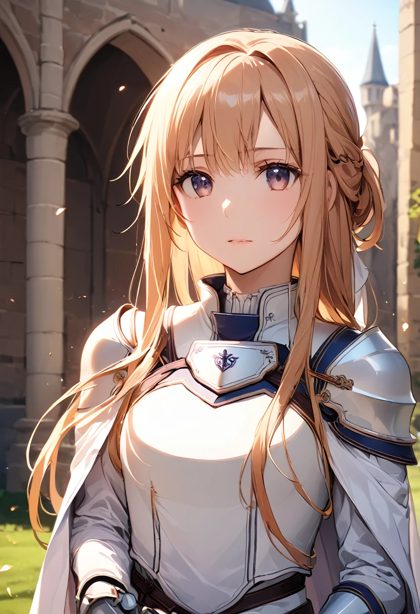 ((masterpiece)), Highest quality, Very detailed,(1 person&#39;S), Yuuki as a costume, Long Hair, bangs, Brown Hair, Brown eyes, very Long Hair, Braiding,
dress, Cape, armor, white dress, Shoulder armor, Gauntlet, Scapula, chest当て, armored dress, Fail, white Cape, [knight, white armor, body armor,
 Long Hair, Beautiful background ,clothing,  chest, 