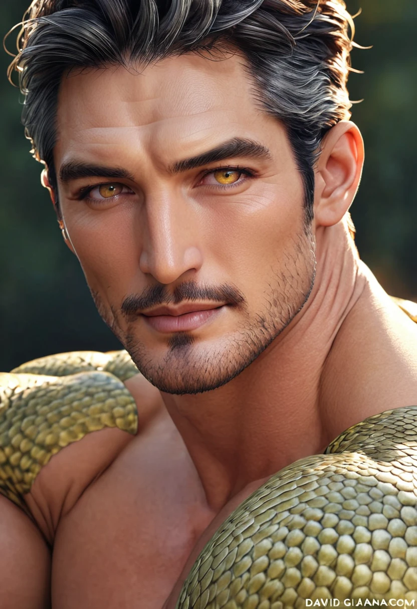 [Closer distance head, Closer distance face, handsome, Middle-aged man, 4, hd, high quality, Hyperdetail, Glorious, Precious, Details, Good Visual, HD, High Quality, Hyperrealistic, 4k Resolution]

sfw, David Gandy (face model), 1man, middle aged, 58 y.o, handsome, gray with white edges in hair, The Short Cut with Clean Shave hairstyle, gray beard, white mustache, friendly smile, wearing blangkon (javanese headgear worn), shining yellow eyes, prominent muscular bodyshape, BODYBUILDER BODYSHAPED, snake scaly (skin texture), scaly hands (skin texture), scaly body (body skin texture), sharper fangs, sharper fingernails, british man clothes, javanese clothes accessories, Midnight California, evening (sky color), closer distance face against me, realistic style, ultra-realistic, hyperrealistic, hyperdetail, looking viewers, hd, high quality, 8k resolution