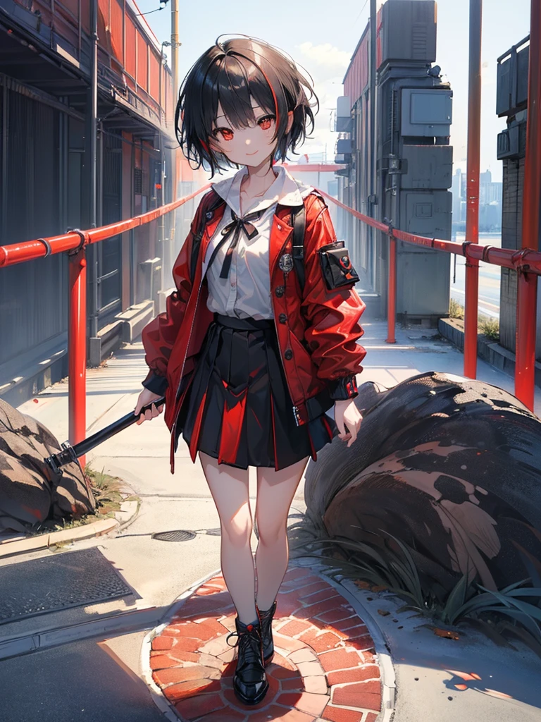 (masterpiece, highest quality, highest quality, (No text), Beautiful and aesthetic:1.2),No text,アニメ、BREAK,One Girl，Black Hair Girl　 adult　Short Hair　Older sister　Beautiful eyes　Red eyes　cool　smile　Black and Red　skirt　Black jacket　White clothing　Full Body Outdoors