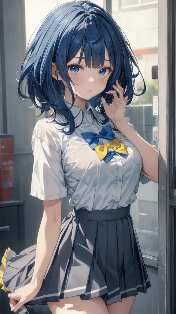 (upper body:1.3),Yanami Anna,ahoge,medium hair,blue hair,sidelocks,blunt bangs,blue eyes,school uniform,collared shirt,white shirt,pocket,blue bow,yellow bow,short sleeves,medium breasts,skindentation,shirt tucked in,blue skirt,pleated skirt,BREAK,(skirt lift:1.5), ((skirt grab:1.3)), (Skirt that rolls up:1.3),(Fully exposed panties:1.5) ,panty shot,white panty,masterpiece,Noise Reduction,perfect anatomy,high resolution, ultra-detailed, ultra-detailed face,game cg,dutch angle ,beautiful detailed eyes,visualart,five fingers, perfect hands, perfect lighting,