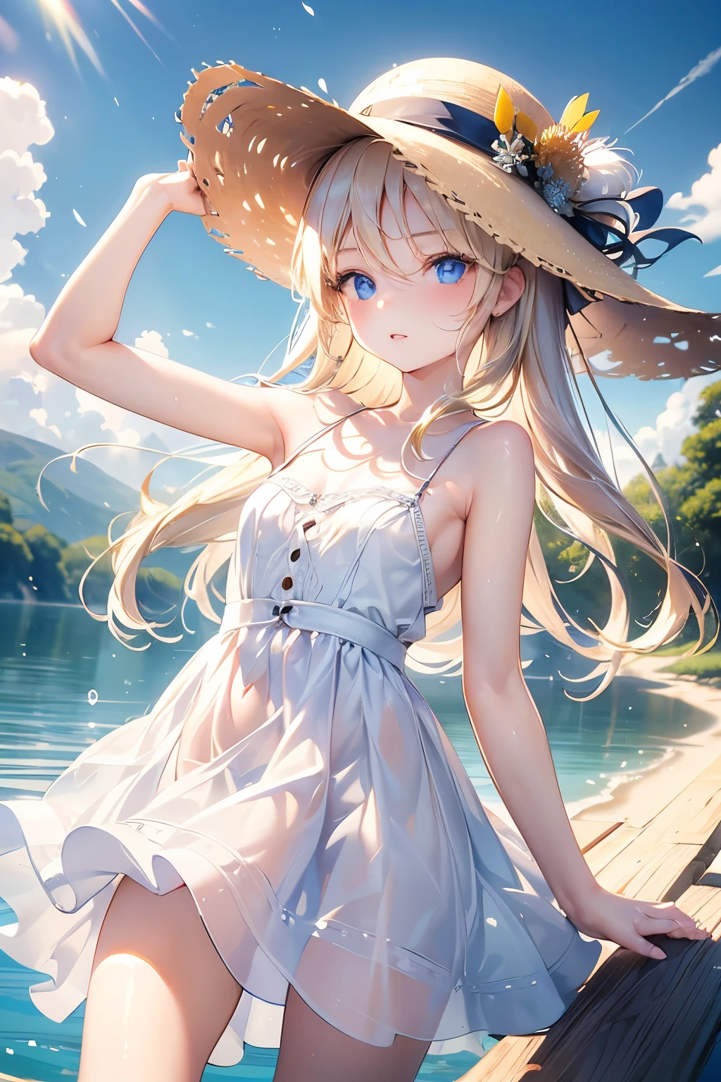 masterpiece,Best Quality,Very detailed,beautiful girl, teenager,White dress,Straw hat,Lakeside in the highlands,Small breasts,Narrow waist,Straight blonde hair,Perfect Blue Eyes,Very cute,Active pose