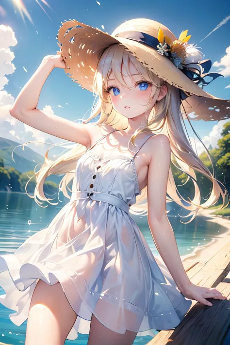 masterpiece,best quality,very detailed,beautiful girl, teenager,white dress,straw hat,lakeside in the highlands,small breasts,na...