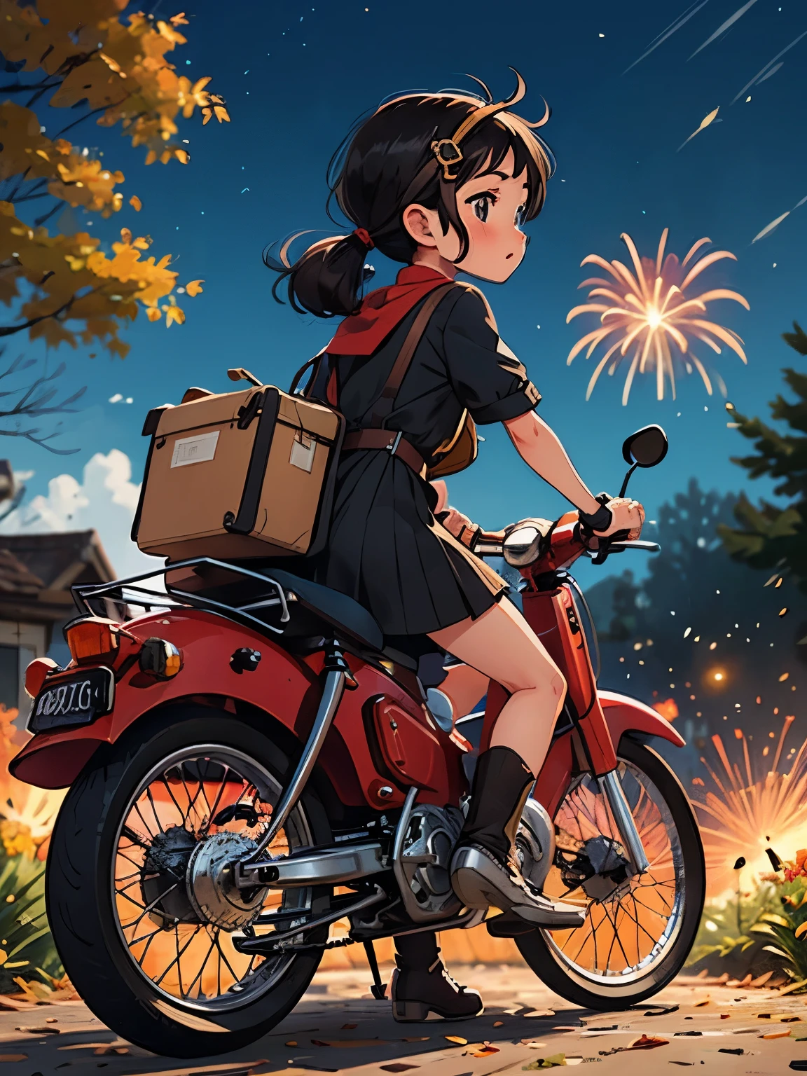 32K，UHD High Definition，Octane Rendering，Steampunk，(Ultra fine: 1.2)，Young  riding a Super Cub，night，cute，Very short stature，Thin thighs，A small yellow Super Cub loaded with lots of luggage，Short dress，Semi-long twin tail hair，Black Hair，goggles，Black boots，Super Cub Details，To the Autumn Festival，Fireworks，Fireworks，Medium shot from behind,