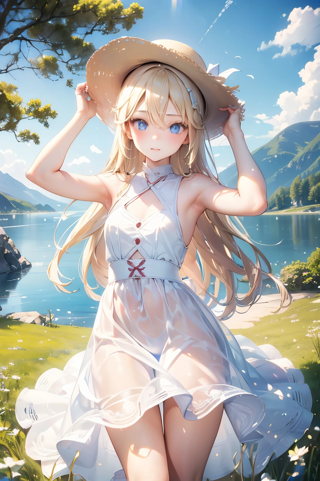 masterpiece,Best Quality,Very detailed,beautiful girl, teenager,White dress,Straw hat,Lakeside in the highlands,Small breasts,Narrow waist,Straight blonde hair,Perfect Blue Eyes,Very cute,Active pose