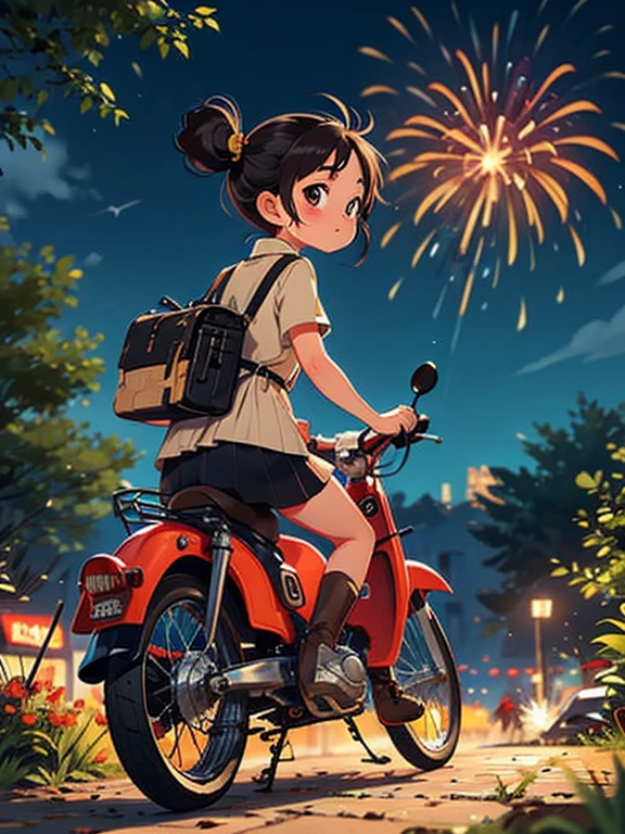 32K，UHD High Definition，Octane Rendering，Steampunk，(Ultra fine: 1.2)，Young  riding a Super Cub，night，cute，Very short stature，Thin thighs，A small yellow Super Cub loaded with lots of luggage，Short dress，Semi-long twin tail hair，Black Hair，goggles，Black boots，Super Cub Details，To the Autumn Festival，Fireworks，Fireworks，Medium shot from behind,