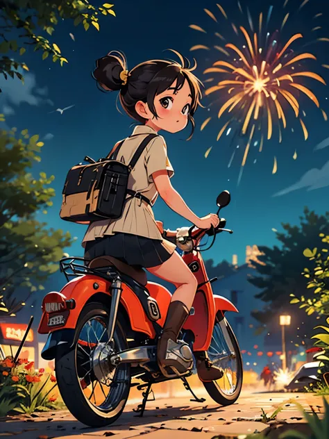 32k，uhd high definition，octane rendering，steampunk，(ultra fine: 1.2)，young  riding a super cub，night，cute，very short stature，thi...