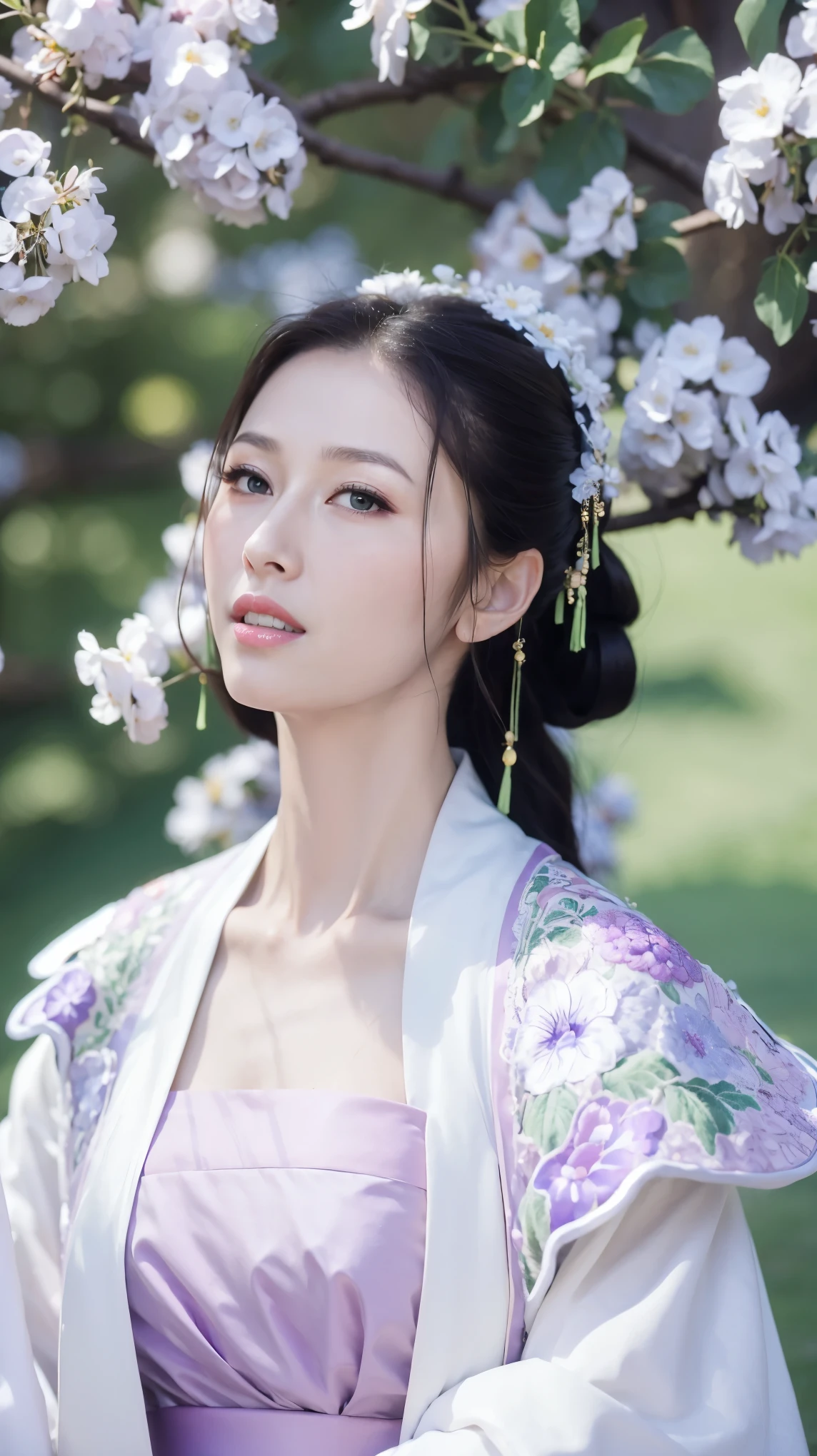 Fashion Model 2 [[[[Close-up cleavage]]]], [[[[breast]]]], [[[[Cole]]]], [[[[Shoulder]]]], Perfect eyes, Perfect Iris，Perfect lips，Perfect Teeth，Perfect skin，Long face，Soft headlight，HD girl,White ancient Chinese clothing，Hanfu，Background with green trees and purple flowers，（Pastel colors：1.2）